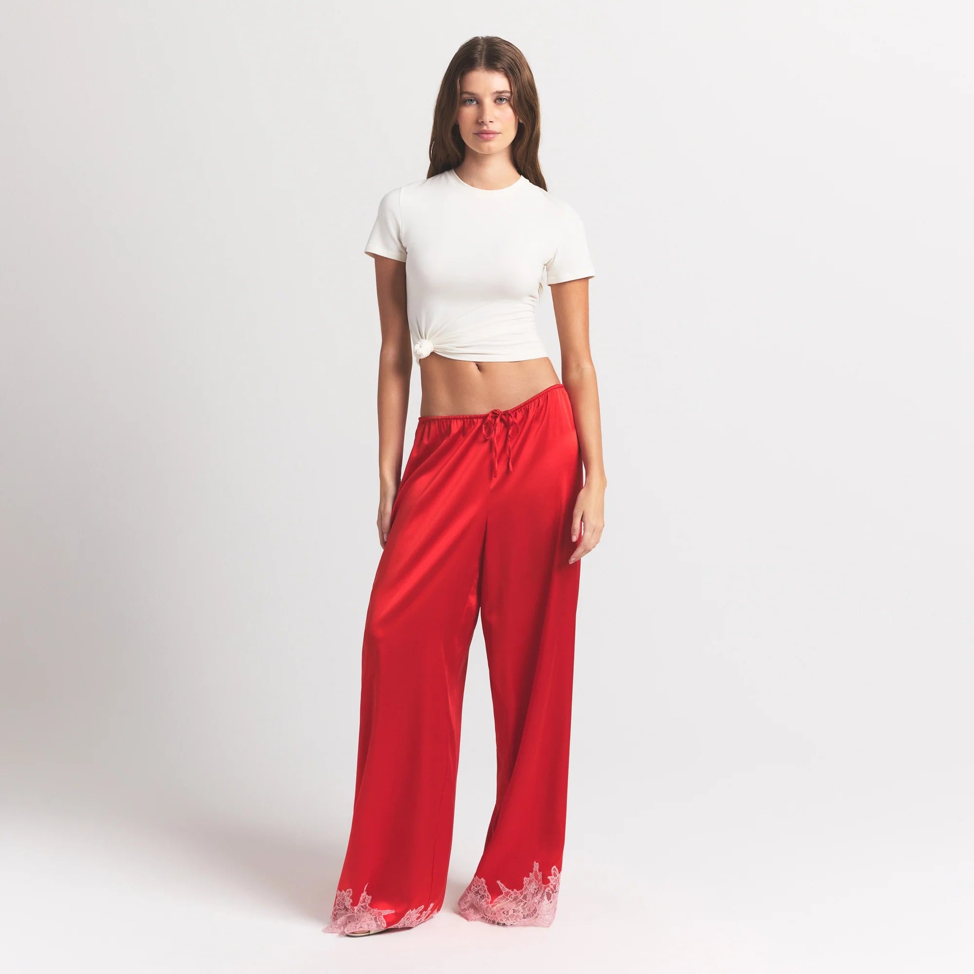 SILK LACE STRAIGHT LEG PANT | RUBY CONTRAST
