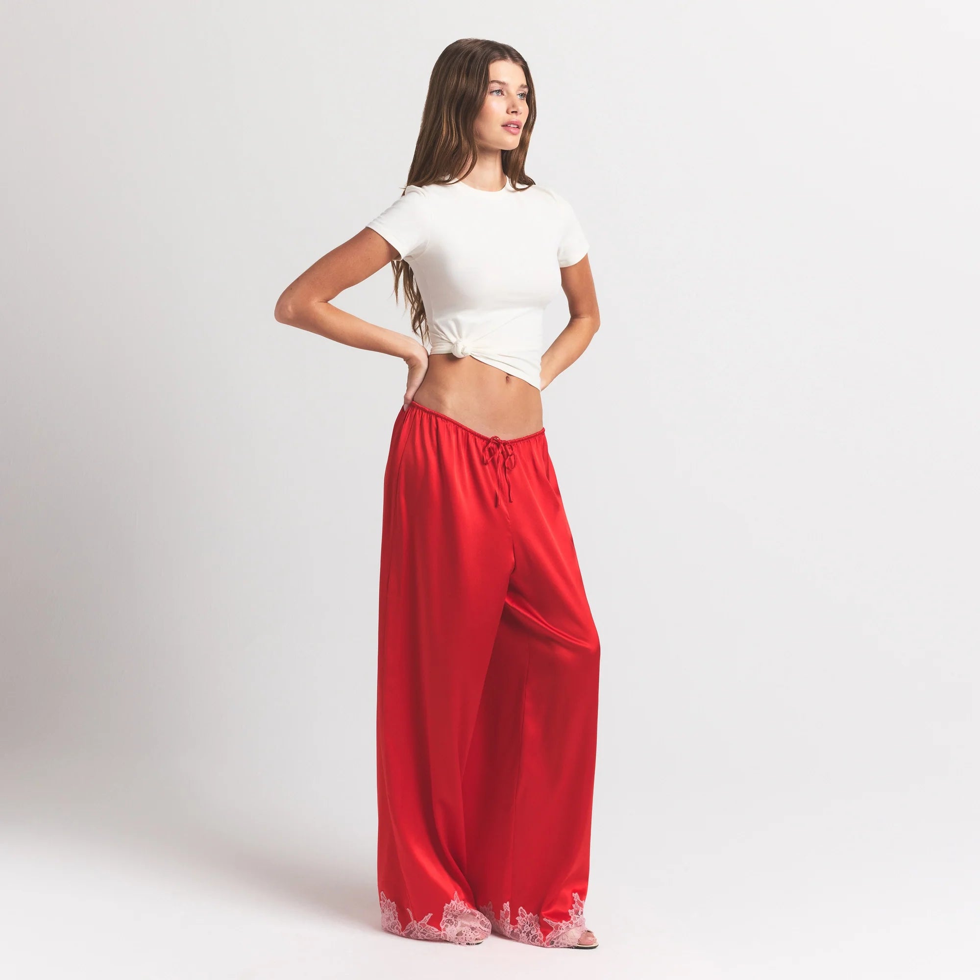 SILK LACE STRAIGHT LEG PANT | RUBY CONTRAST