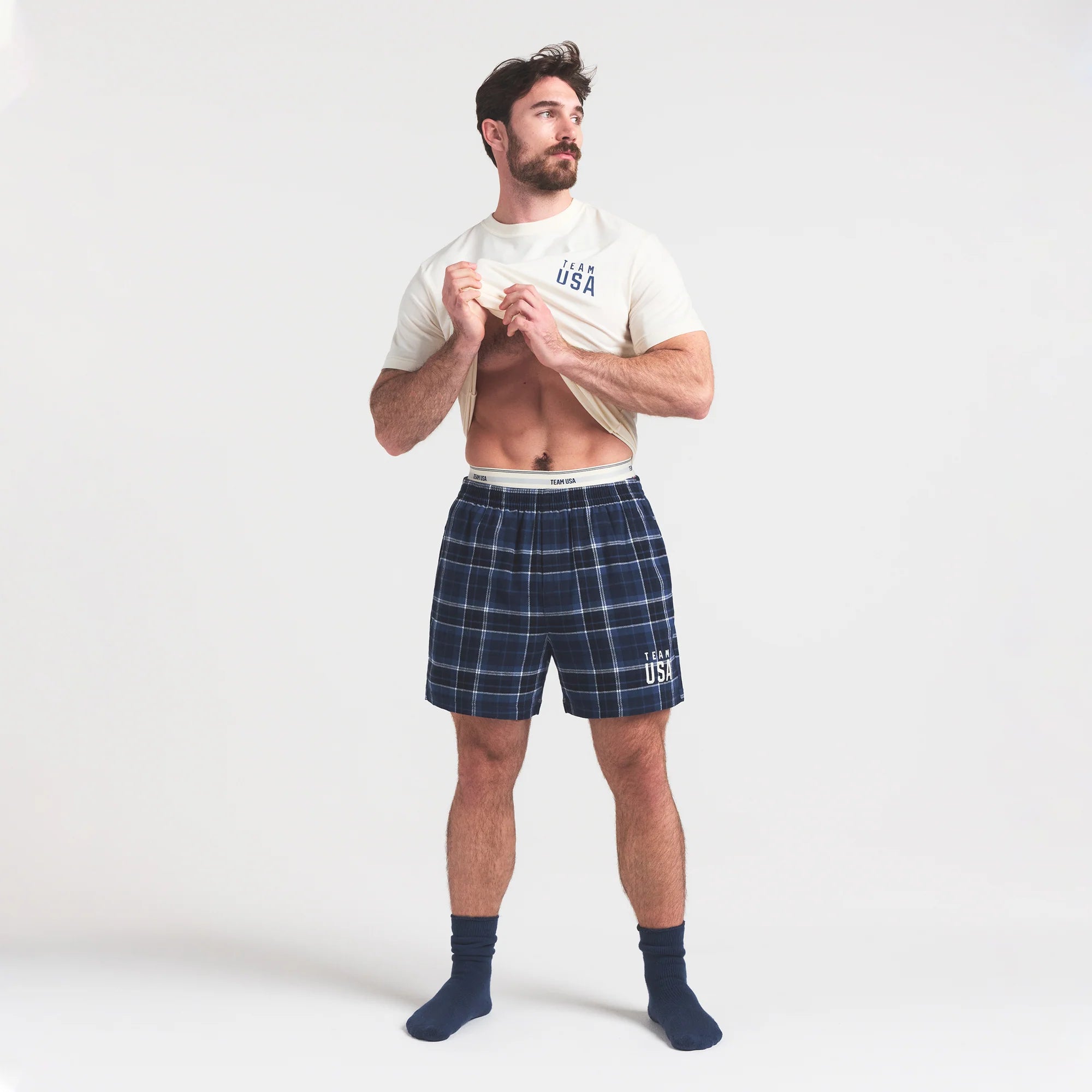 SKIMS FOR TEAM USA FLANNEL SLEEP MENS OLYMPIC SHORT | NAVY PLAID