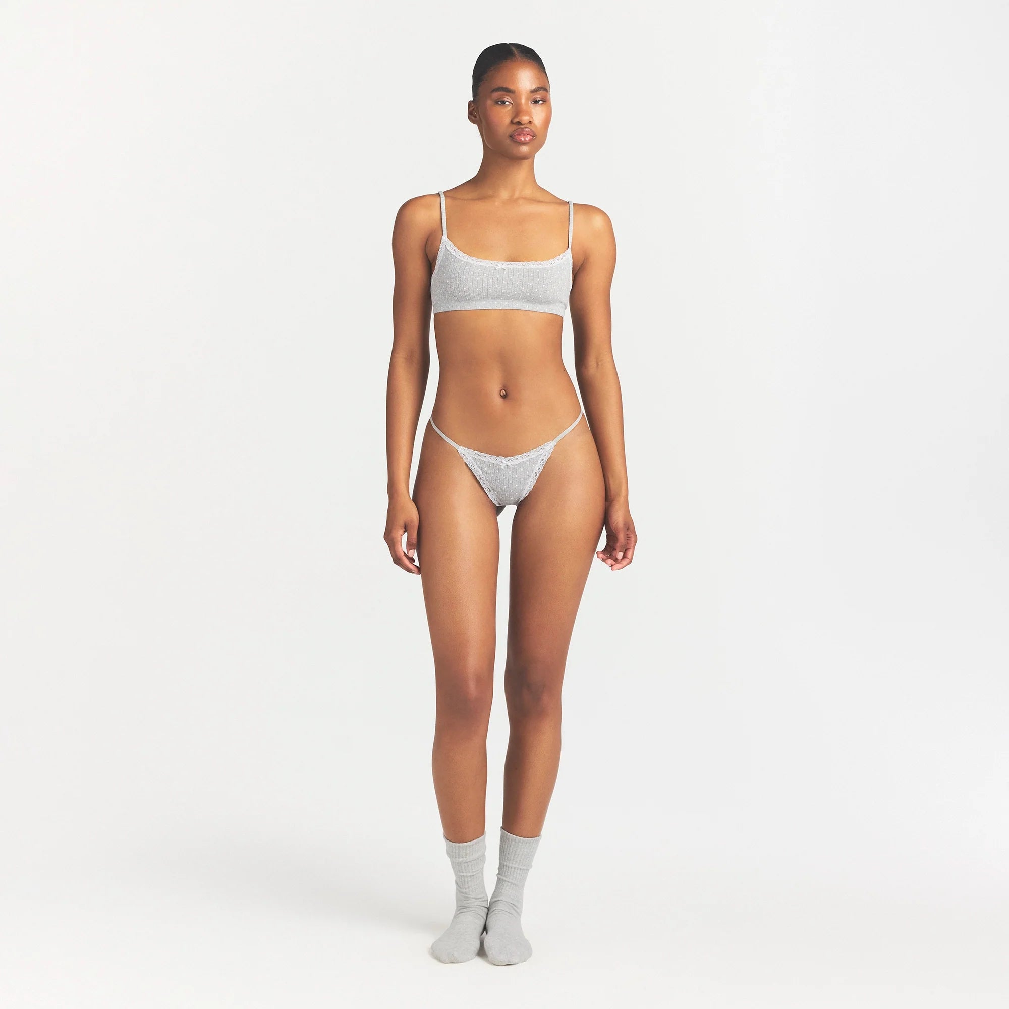 LIGHTWEIGHT COTTON POINTELLE SCOOP BRALETTE | LIGHT HEATHER GREY PIN DOT
