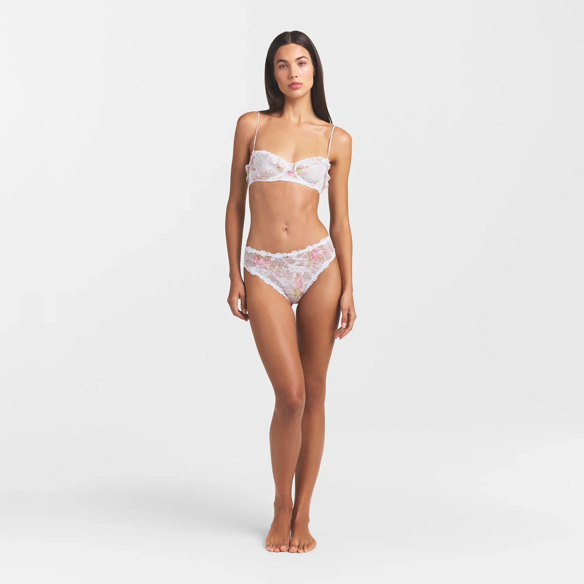STRETCH LACE RUFFLE UNLINED BRA | SNOW VINTAGE FLORAL PRINT