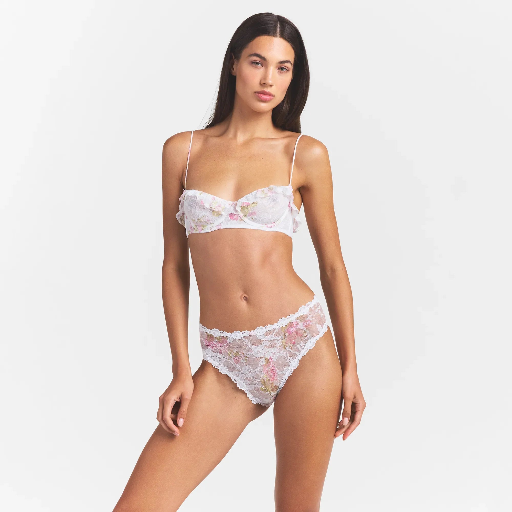 STRETCH LACE RUFFLE UNLINED BRA | SNOW VINTAGE FLORAL PRINT