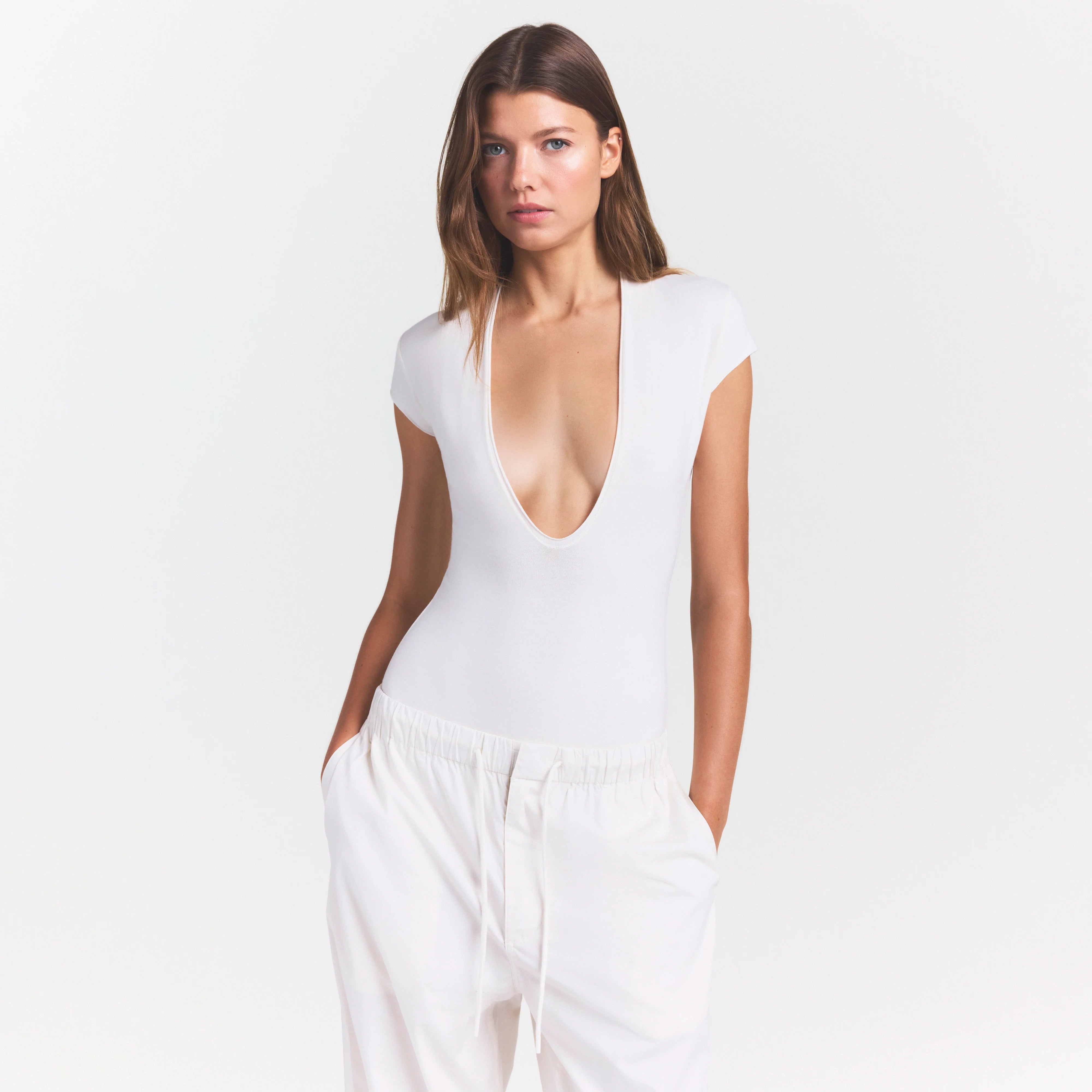 COTTON JERSEY DEEP PLUNGE BODYSUIT | MARBLE
