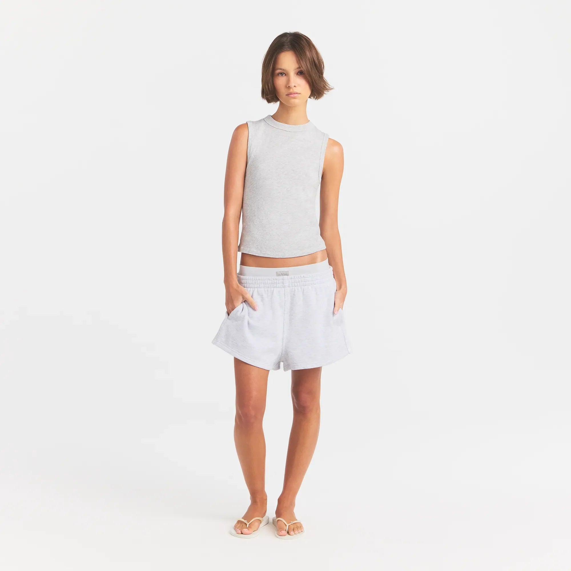 COTTON FLEECE DOUBLE WAISTBAND SHORT | LIGHT HEATHER GREY