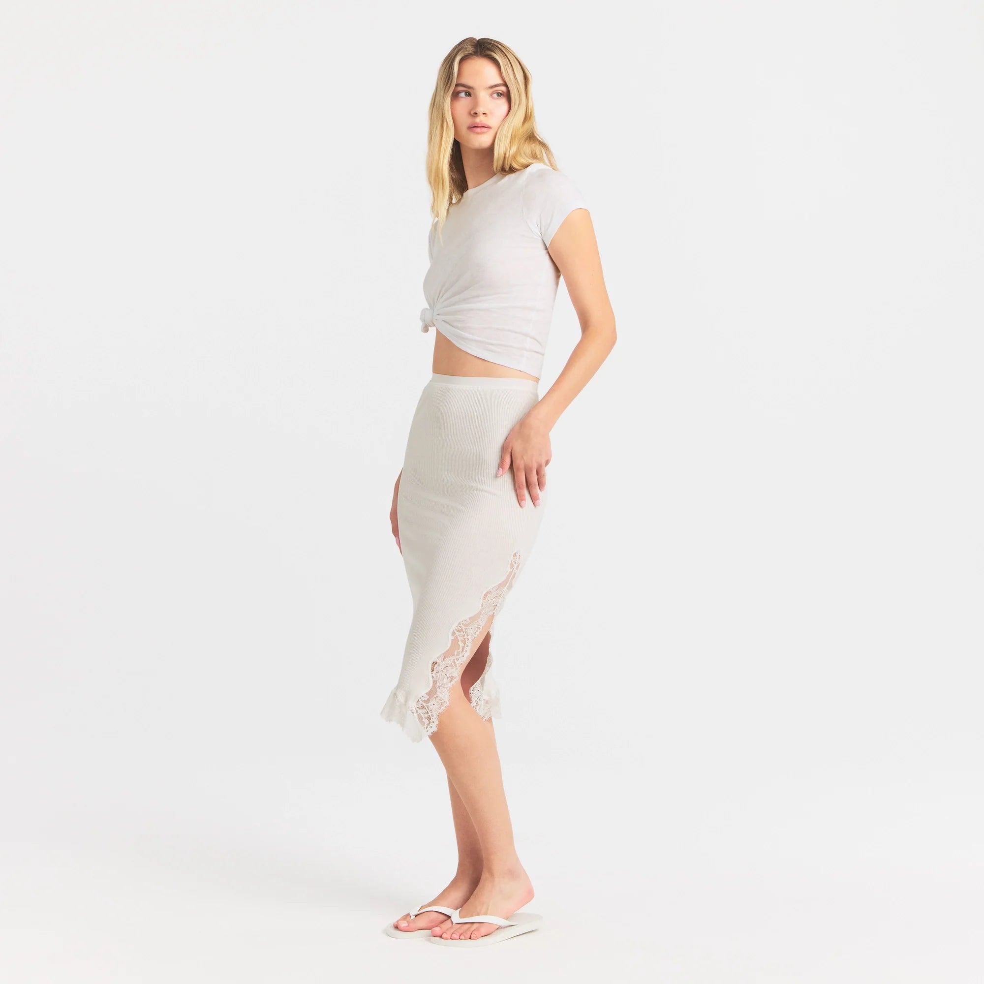 RIB KNIT LACE MIDI SKIRT | EGRET