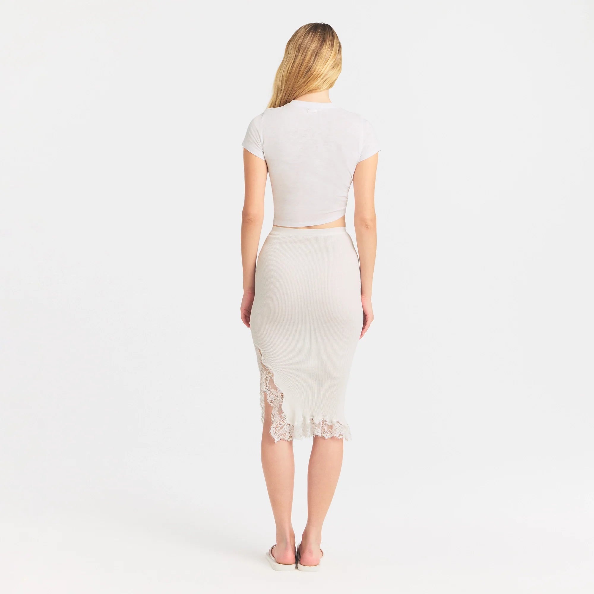 RIB KNIT LACE MIDI SKIRT | EGRET