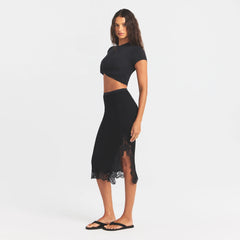 RIB KNIT LACE MIDI SKIRT | OBSIDIAN