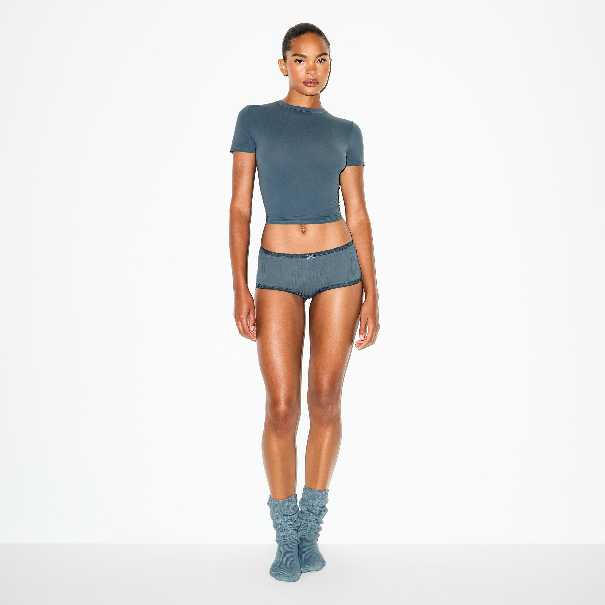 LIGHTWEIGHT COTTON POINTELLE LACE BOY SHORT | ZIRCON TONAL