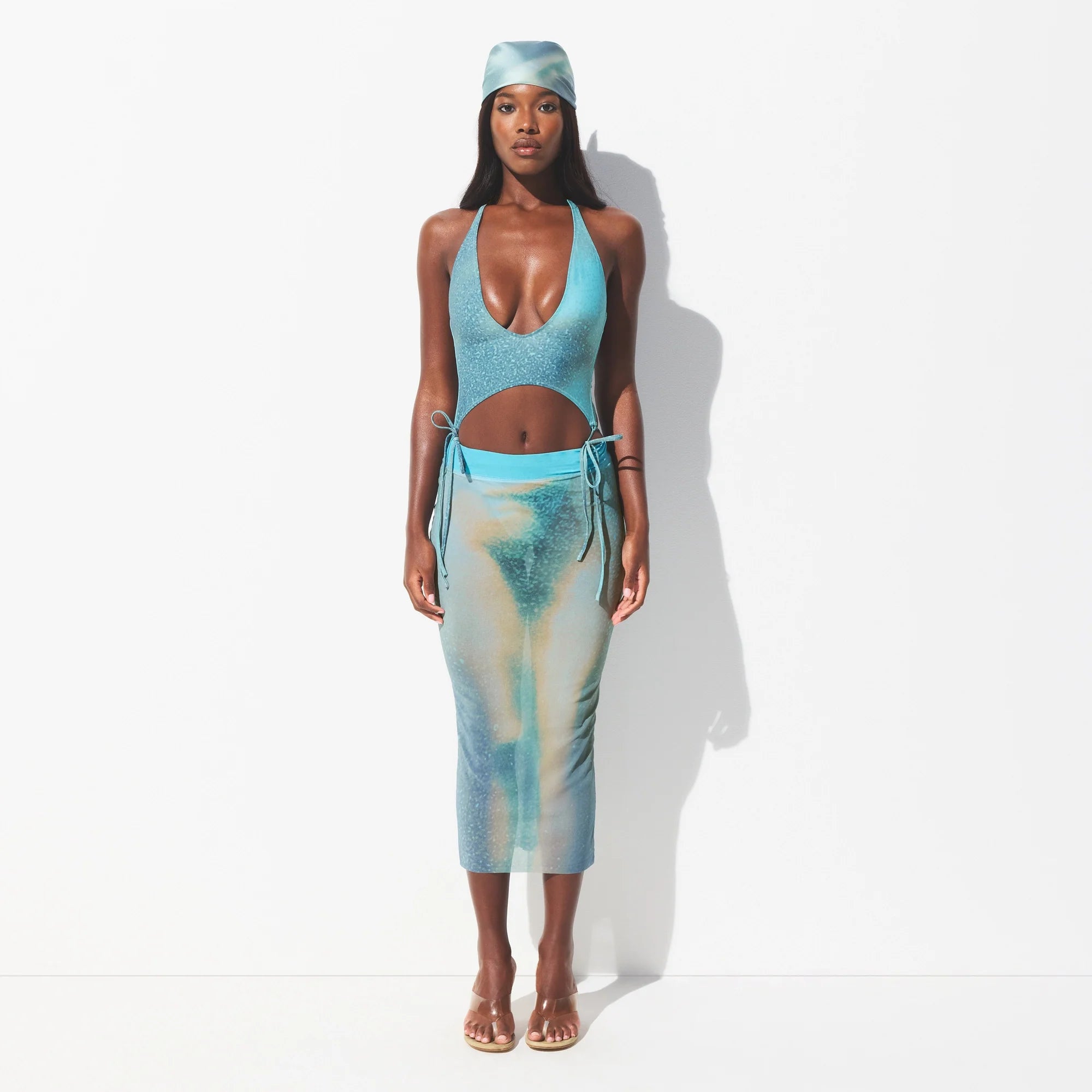 MESH COVER-UPS MIDI SKIRT | CYAN FK BODY PRINT