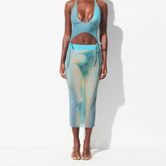 MESH COVER-UPS MIDI SKIRT | CYAN FK BODY PRINT