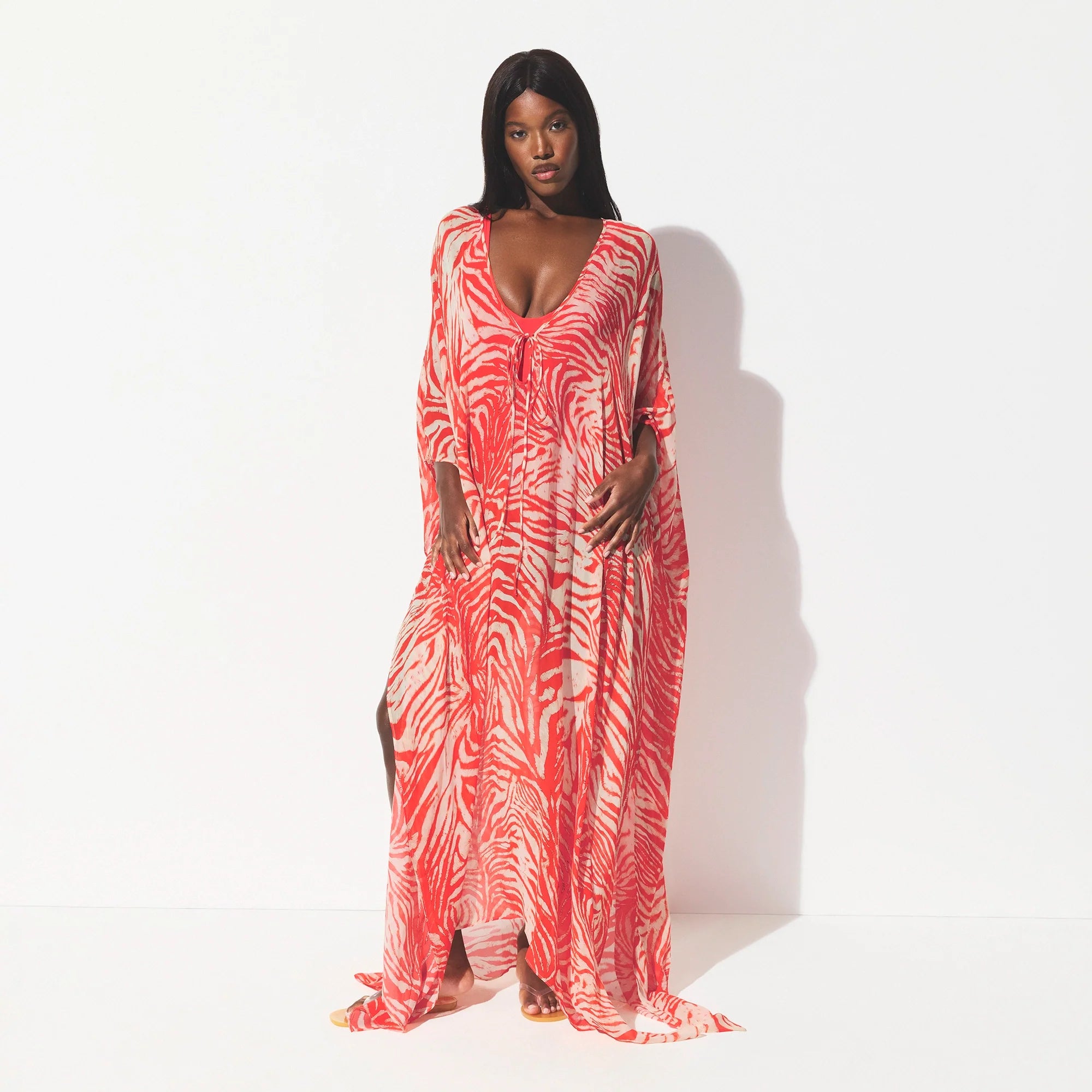 SWIM COVER-UPS SHEER LONG KAFTAN | CARMINE ZEBRA PRINT