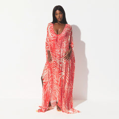 SWIM COVER-UPS SHEER LONG KAFTAN | CARMINE ZEBRA PRINT