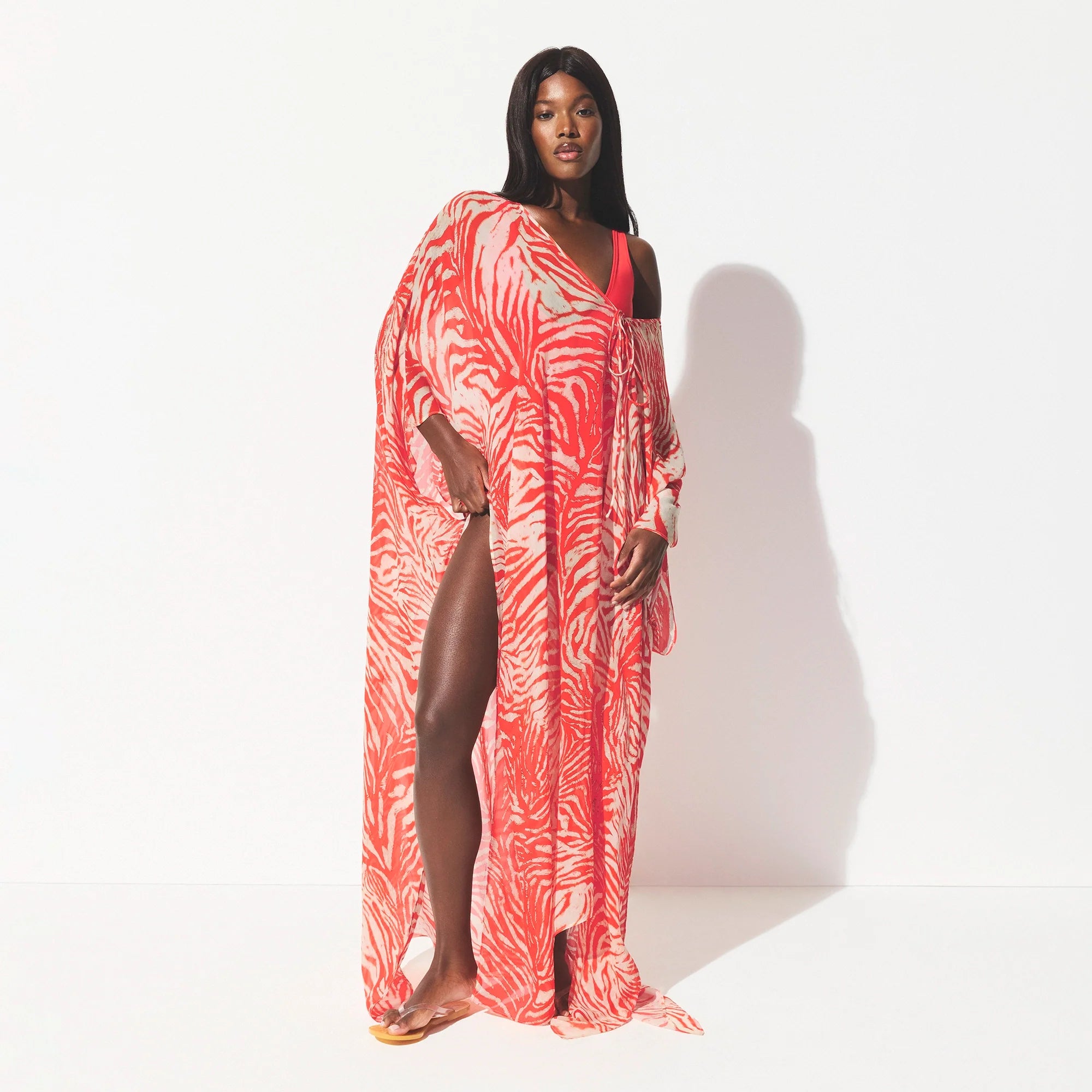 SWIM COVER-UPS SHEER LONG KAFTAN | CARMINE ZEBRA PRINT