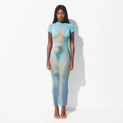 MESH COVER-UPS LONG DRESS | CYAN FK BODY PRINT