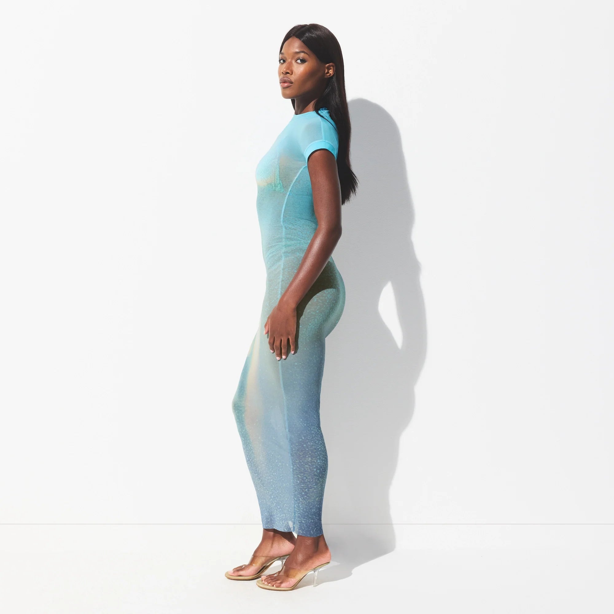 MESH COVER-UPS LONG DRESS | CYAN FK BODY PRINT
