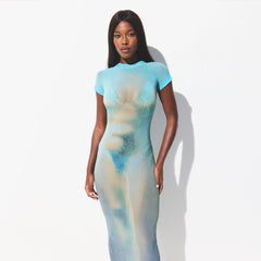 MESH COVER-UPS LONG DRESS | CYAN FK BODY PRINT