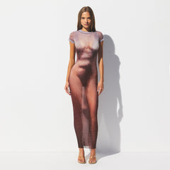 MESH COVER-UPS LONG DRESS | HENNA FK BODY PRINT