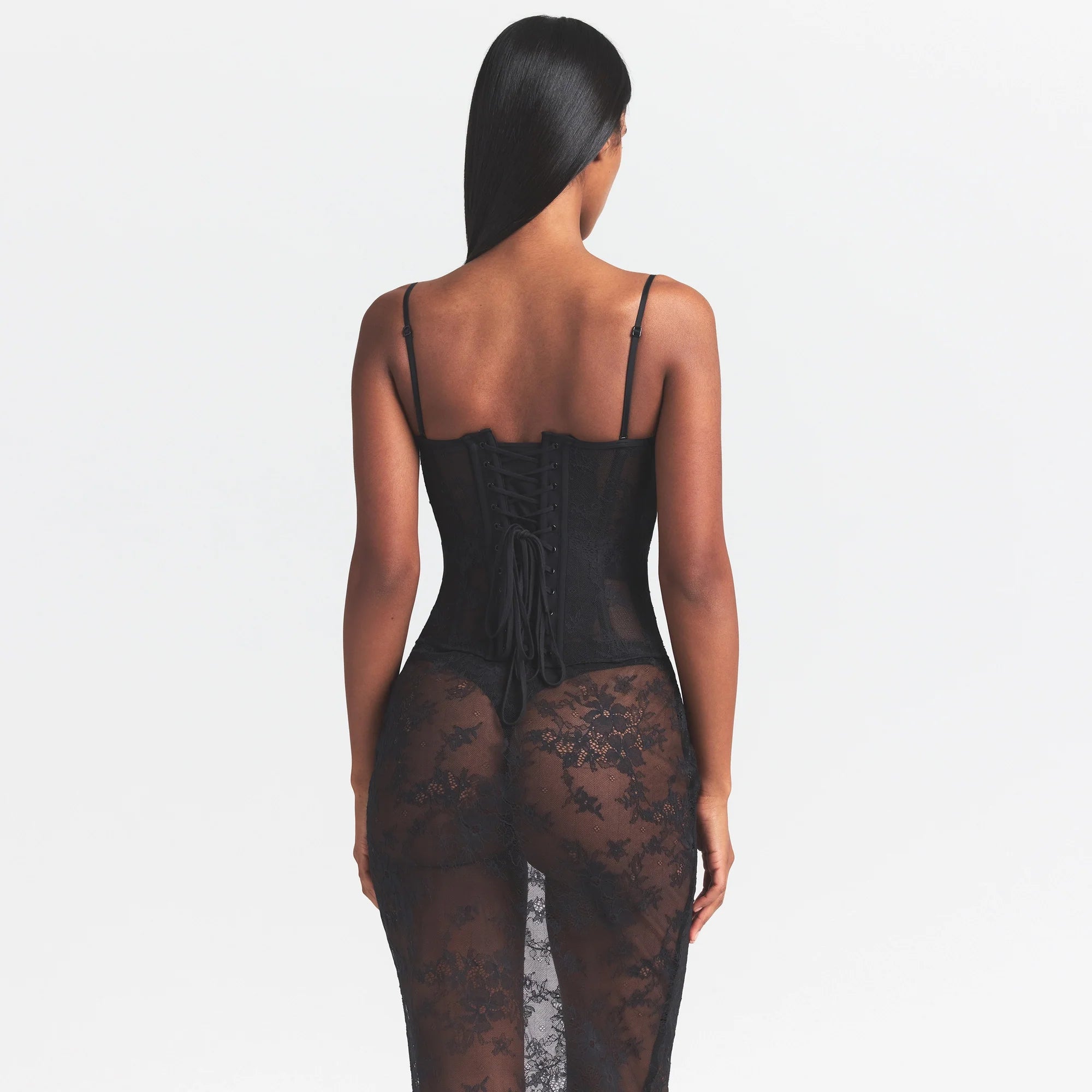 ULTRA FINE LACE STRAPLESS CORSET LONG DRESS | ONYX