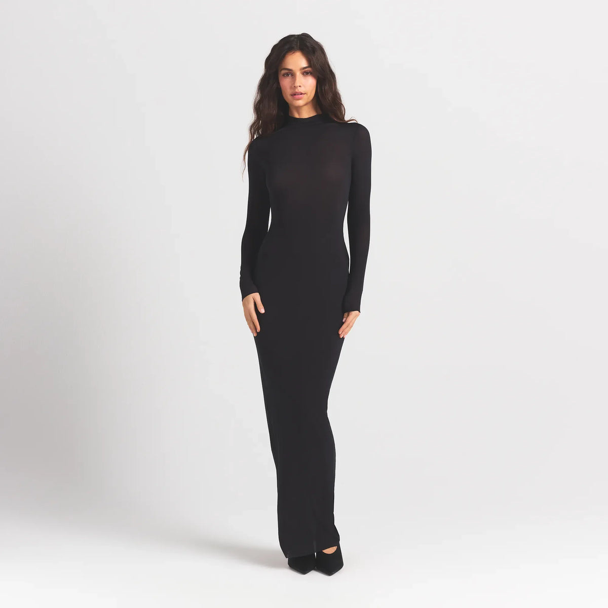 MILKY SHEER MOCK NECK LONG SLEEVE LONG DRESS | OBSIDIAN
