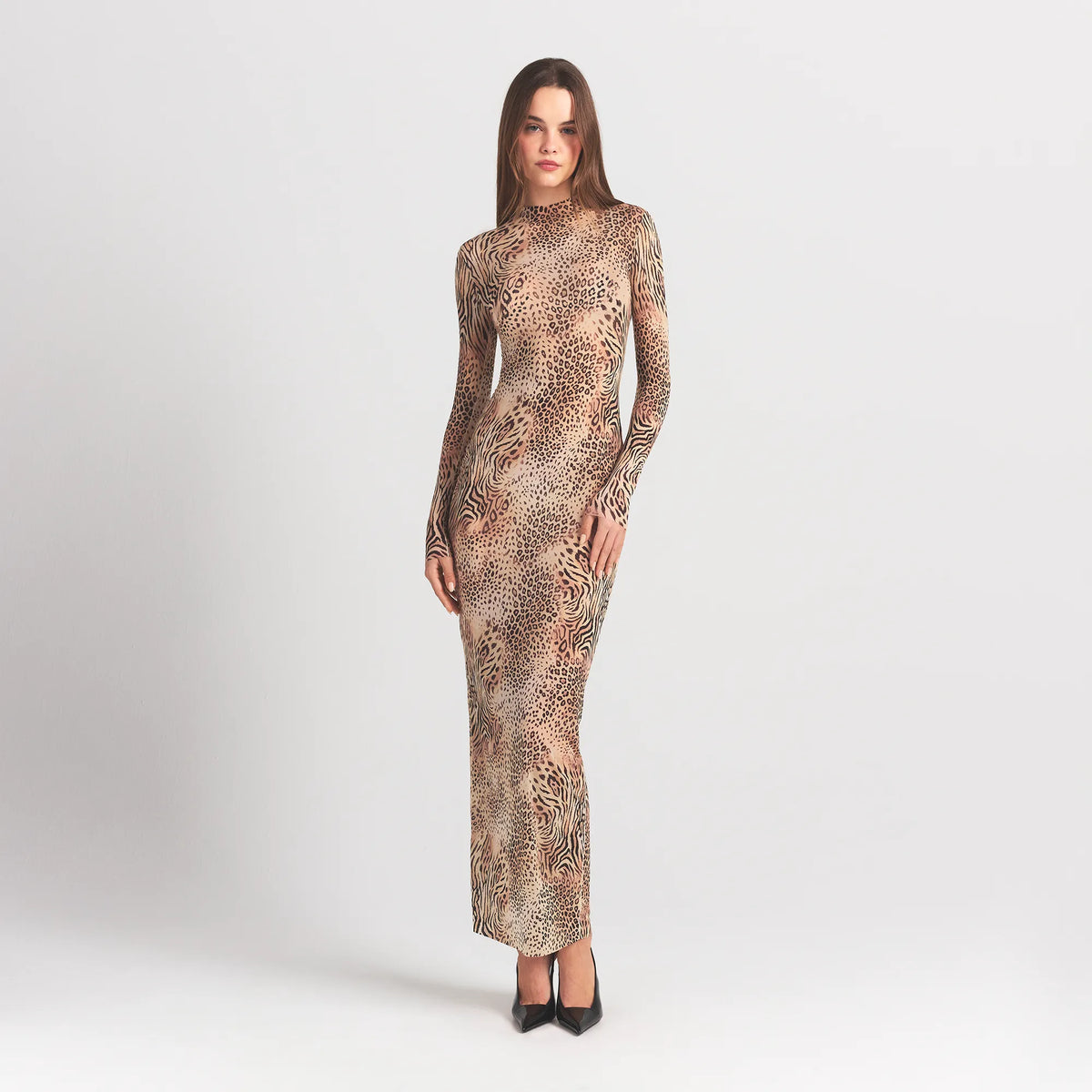 MILKY SHEER MOCK NECK LONG SLEEVE LONG DRESS | SAND MULTI ANIMAL