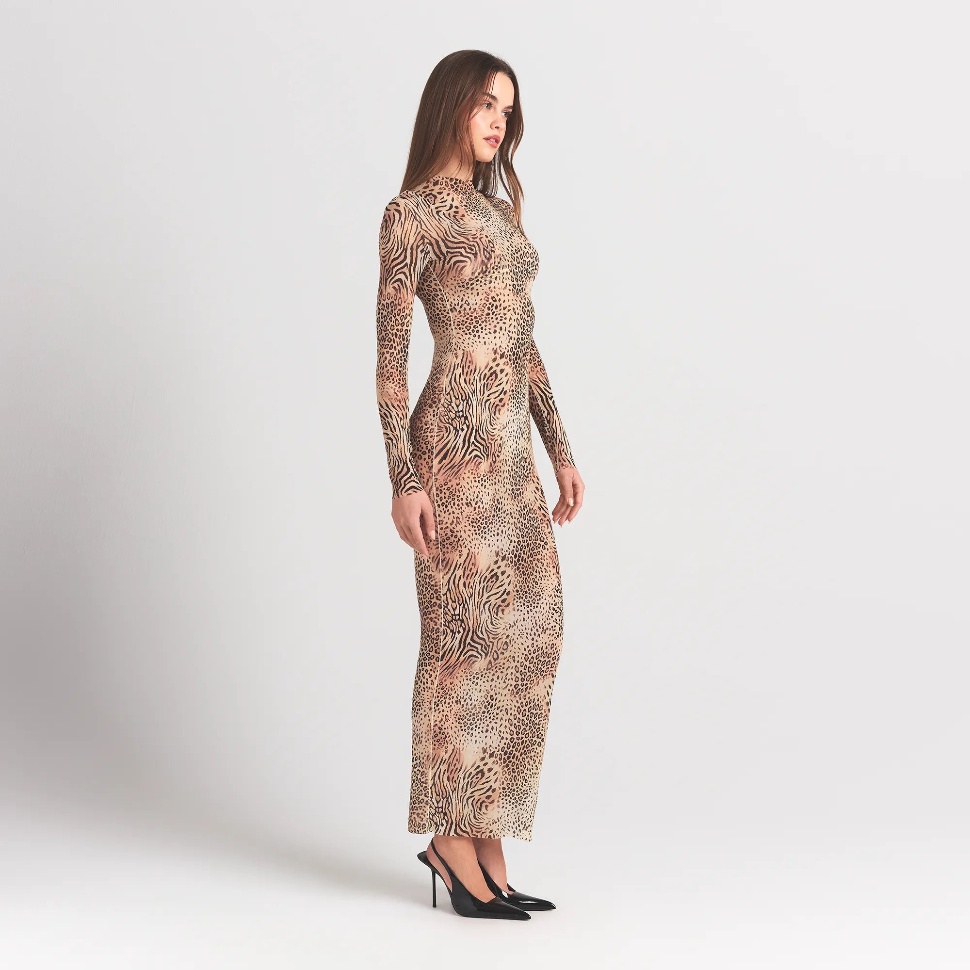 MILKY SHEER MOCK NECK LONG SLEEVE LONG DRESS | SAND MULTI ANIMAL