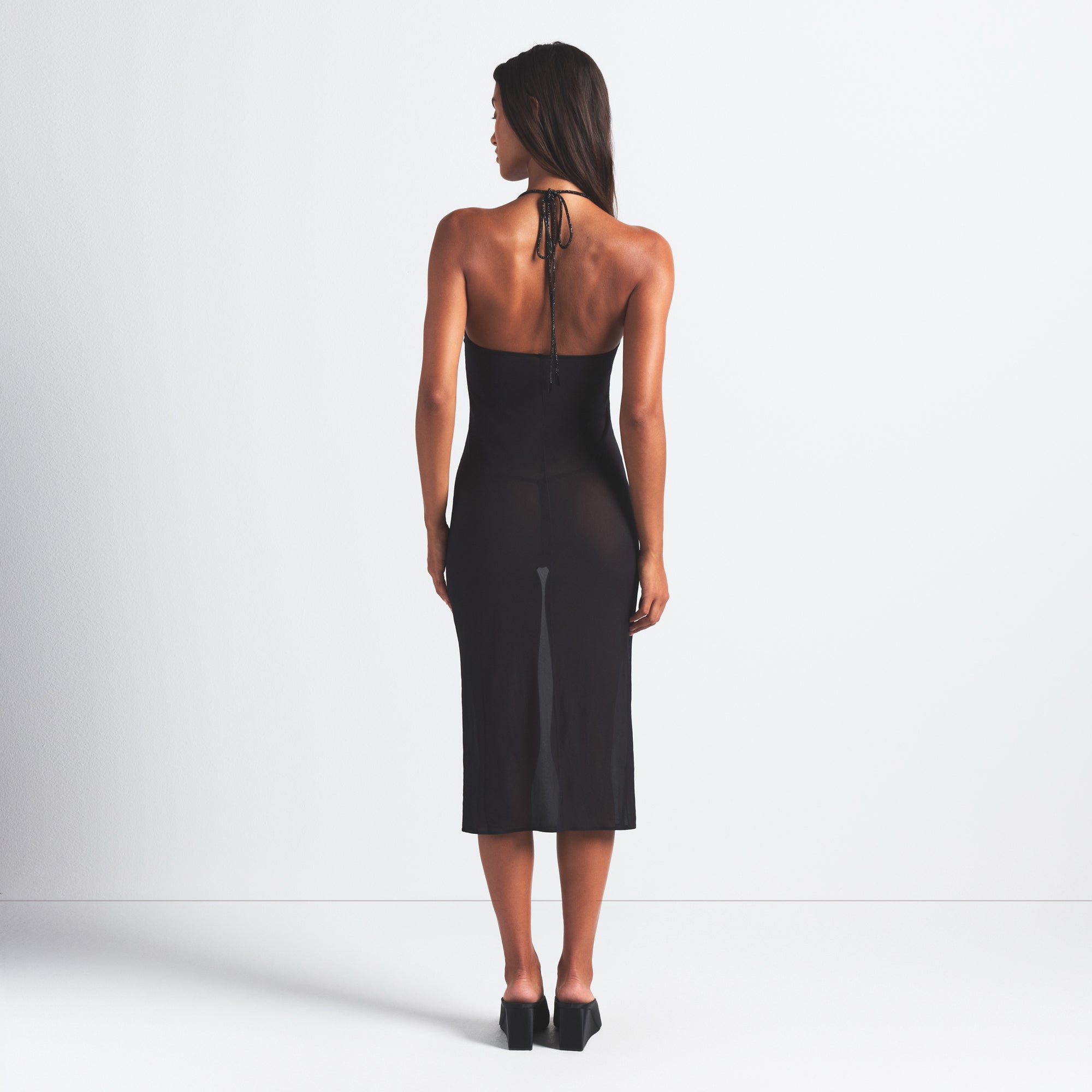 RHINESTONE KNIT HALTER MIDI SLIP DRESS | ONYX
