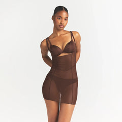POWER MESH SHAPEWEAR OPEN BUST SLIP DRESS | COCOA