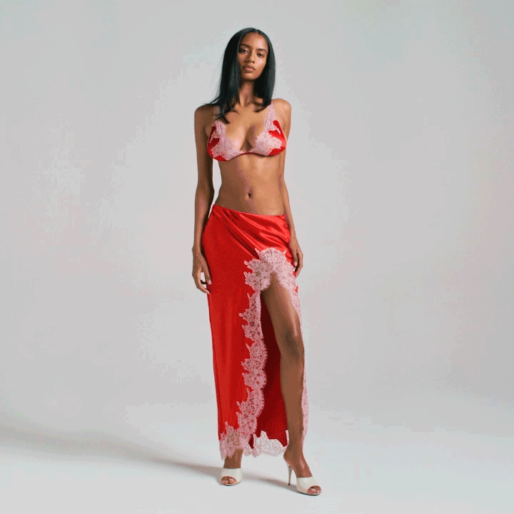 SILK LACE SLIP MIDI SKIRT | RUBY CONTRAST