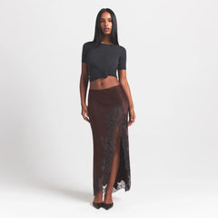 SILK LACE SLIP MIDI SKIRT | ESPRESSO CONTRAST