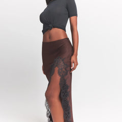 SILK LACE SLIP MIDI SKIRT | ESPRESSO CONTRAST