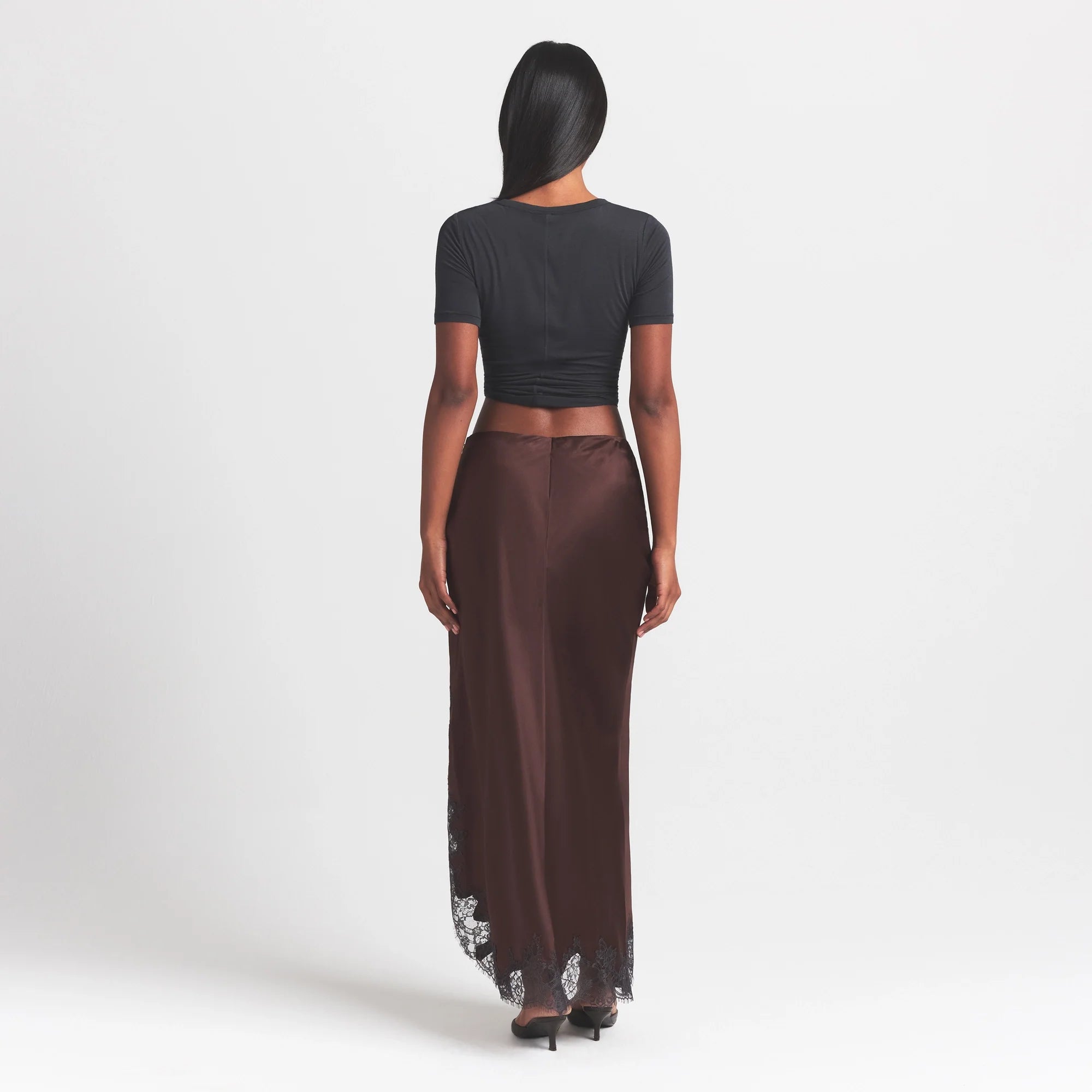 SILK LACE SLIP MIDI SKIRT | ESPRESSO CONTRAST