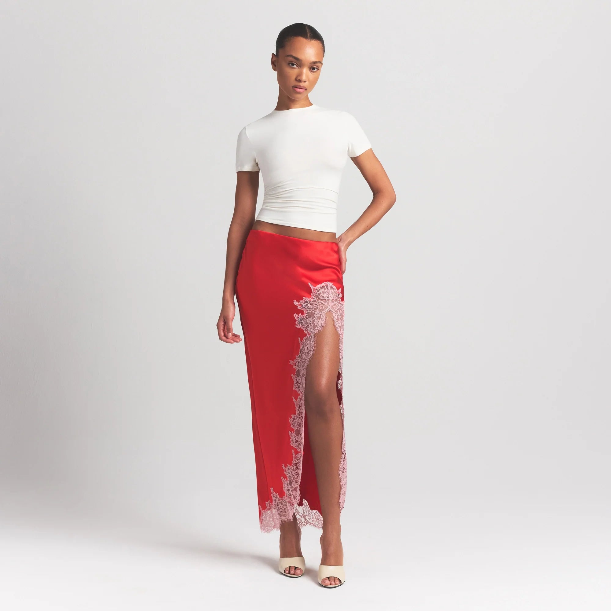 SILK LACE SLIP MIDI SKIRT | RUBY CONTRAST