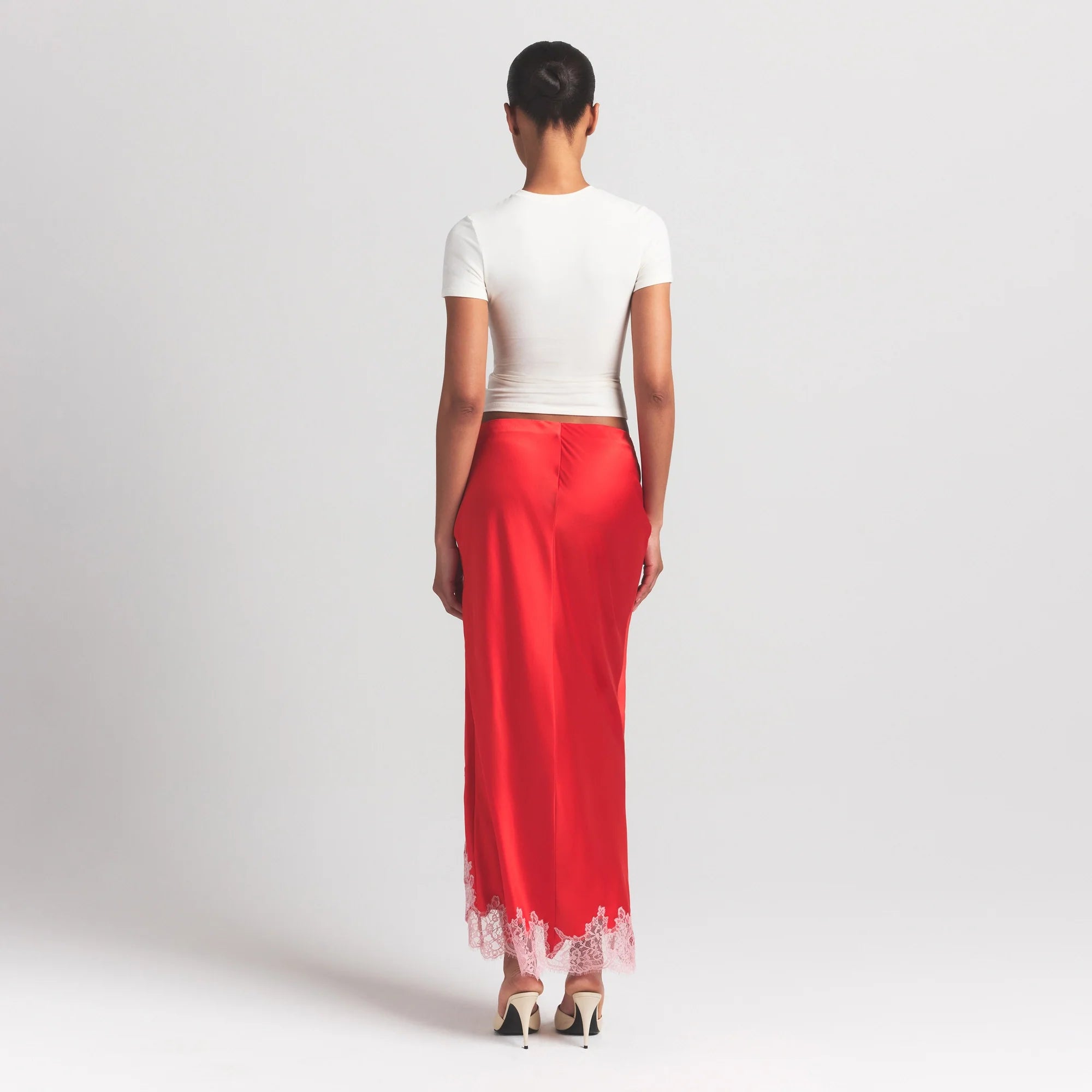 SILK LACE SLIP MIDI SKIRT | RUBY CONTRAST