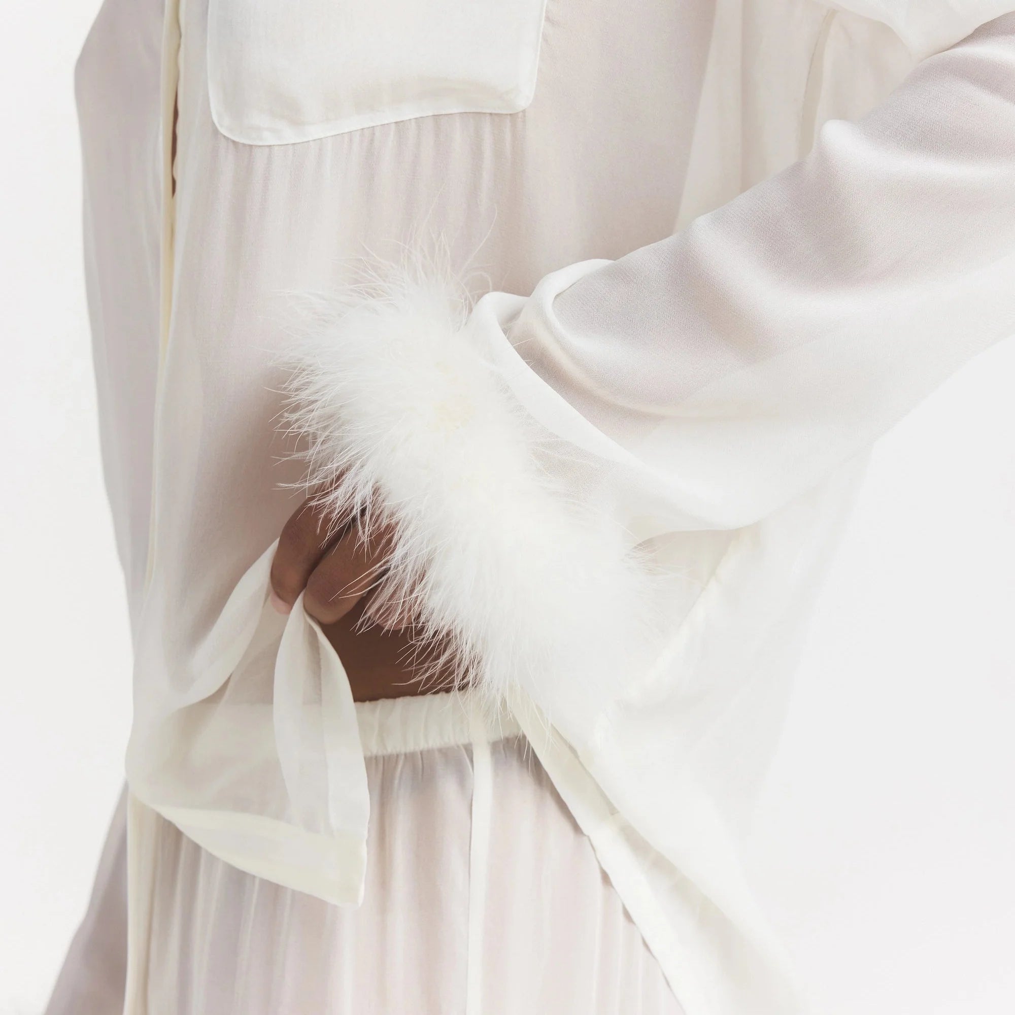 BRIDAL SLEEP FEATHER TRIM LONG SET | IVORY