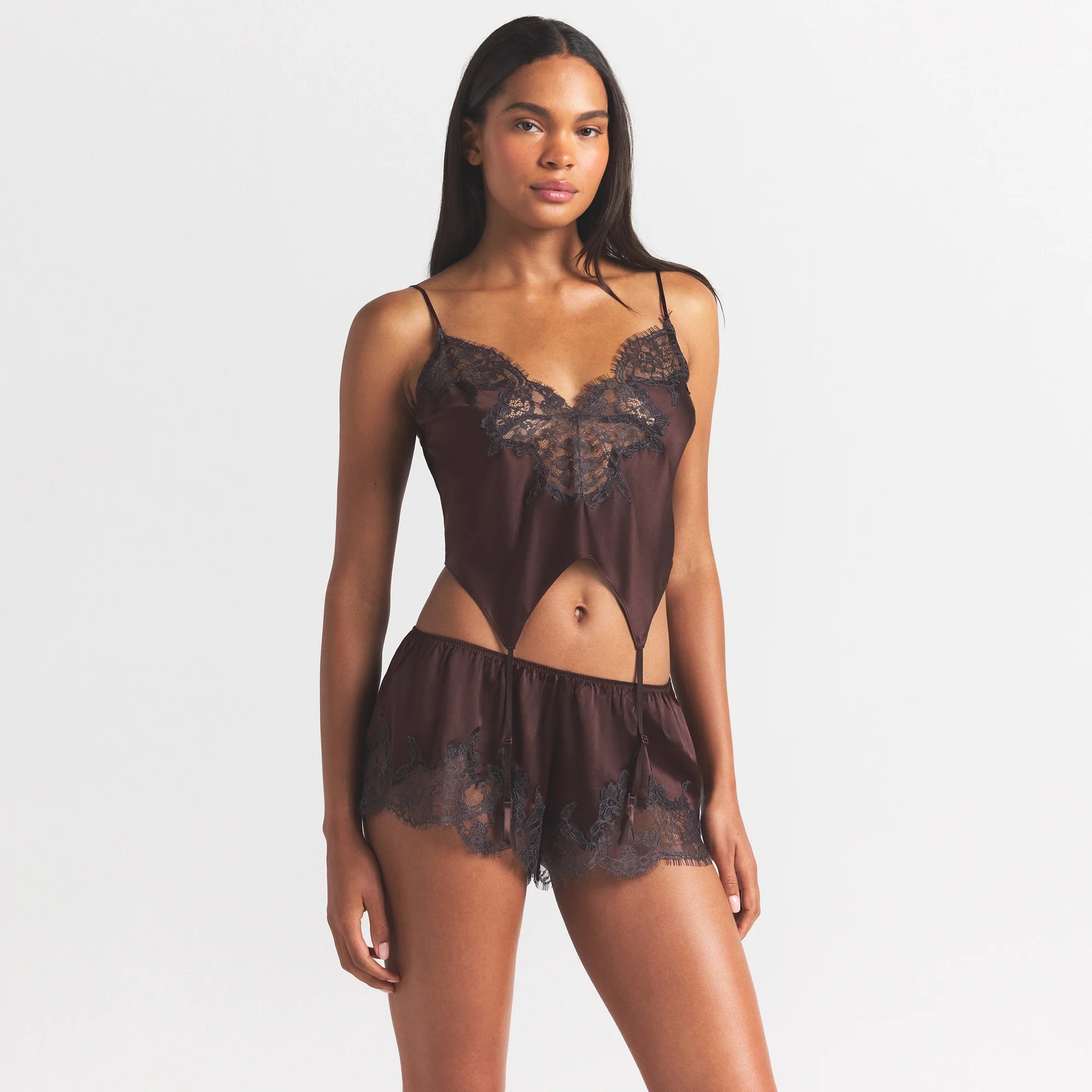 SILK LACE GARTER CAMI AND SHORT SET | ESPRESSO CONTRAST