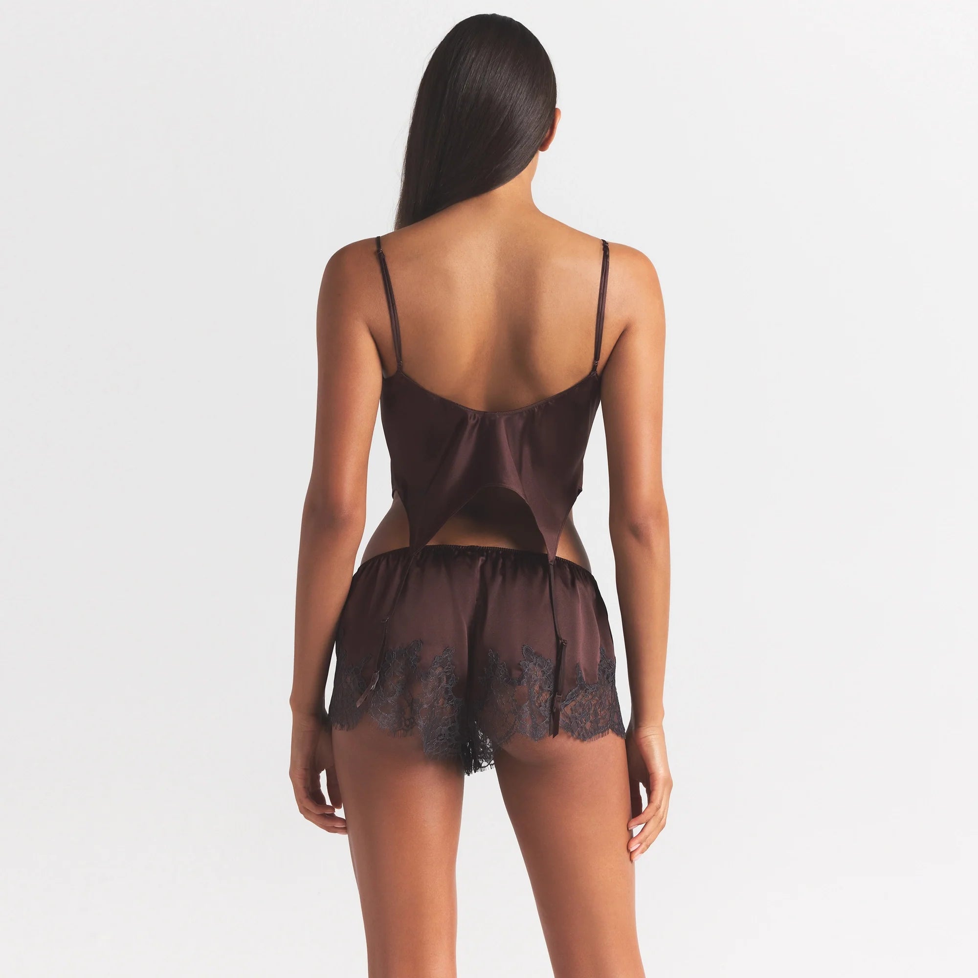 SILK LACE GARTER CAMI AND SHORT SET | ESPRESSO CONTRAST