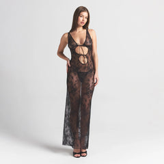 ULTRA FINE LACE TIE FRONT LONG SLIP DRESS | ONYX