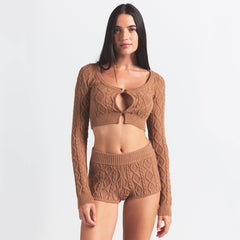 SWEATER KNITS CABLEKNIT CROPPED CARDIGAN | DARK HONEY