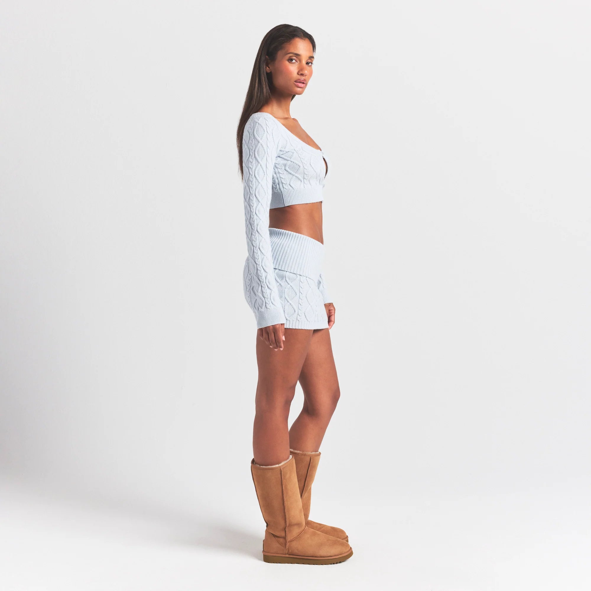 SWEATER KNITS CABLE KNIT CROPPED CARDIGAN | ZEN BLUE