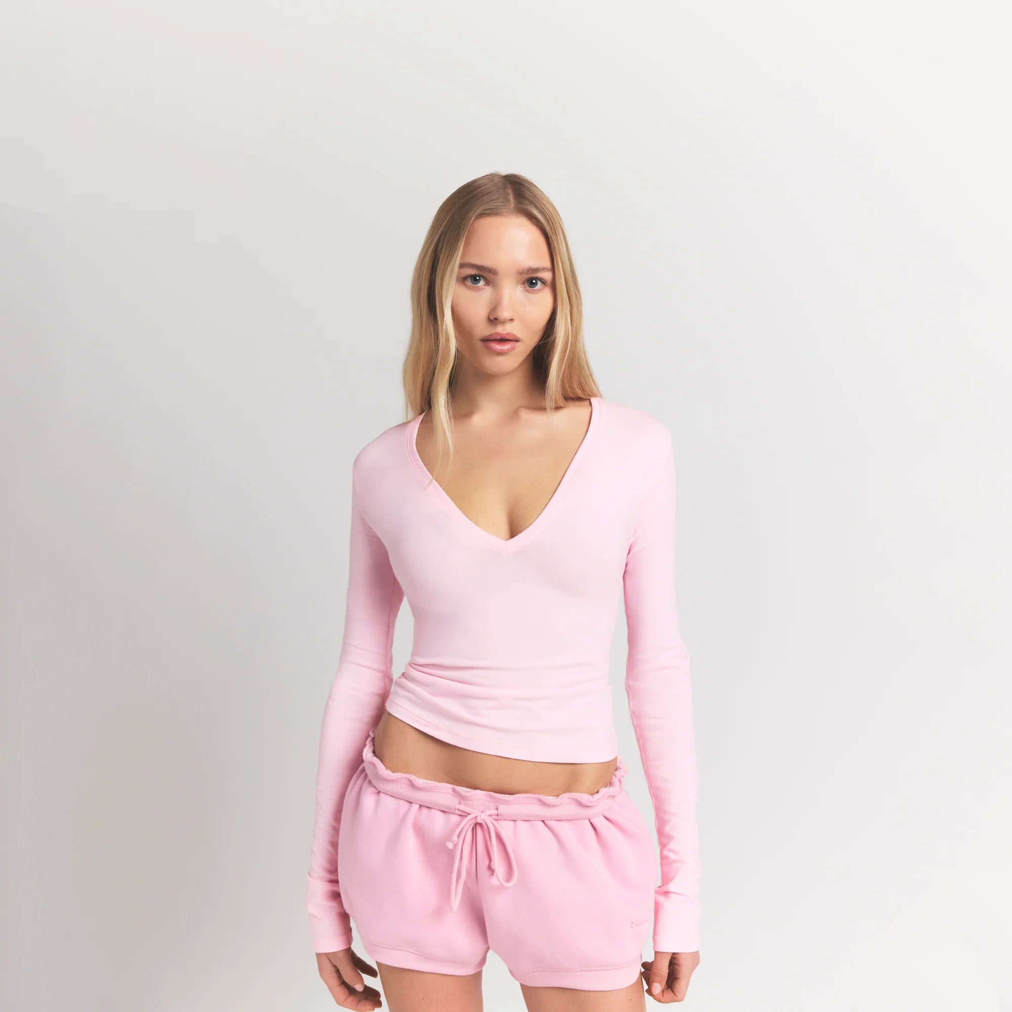COTTON JERSEY LONG SLEEVE PLUNGE TOP | CHERRY BLOSSOM