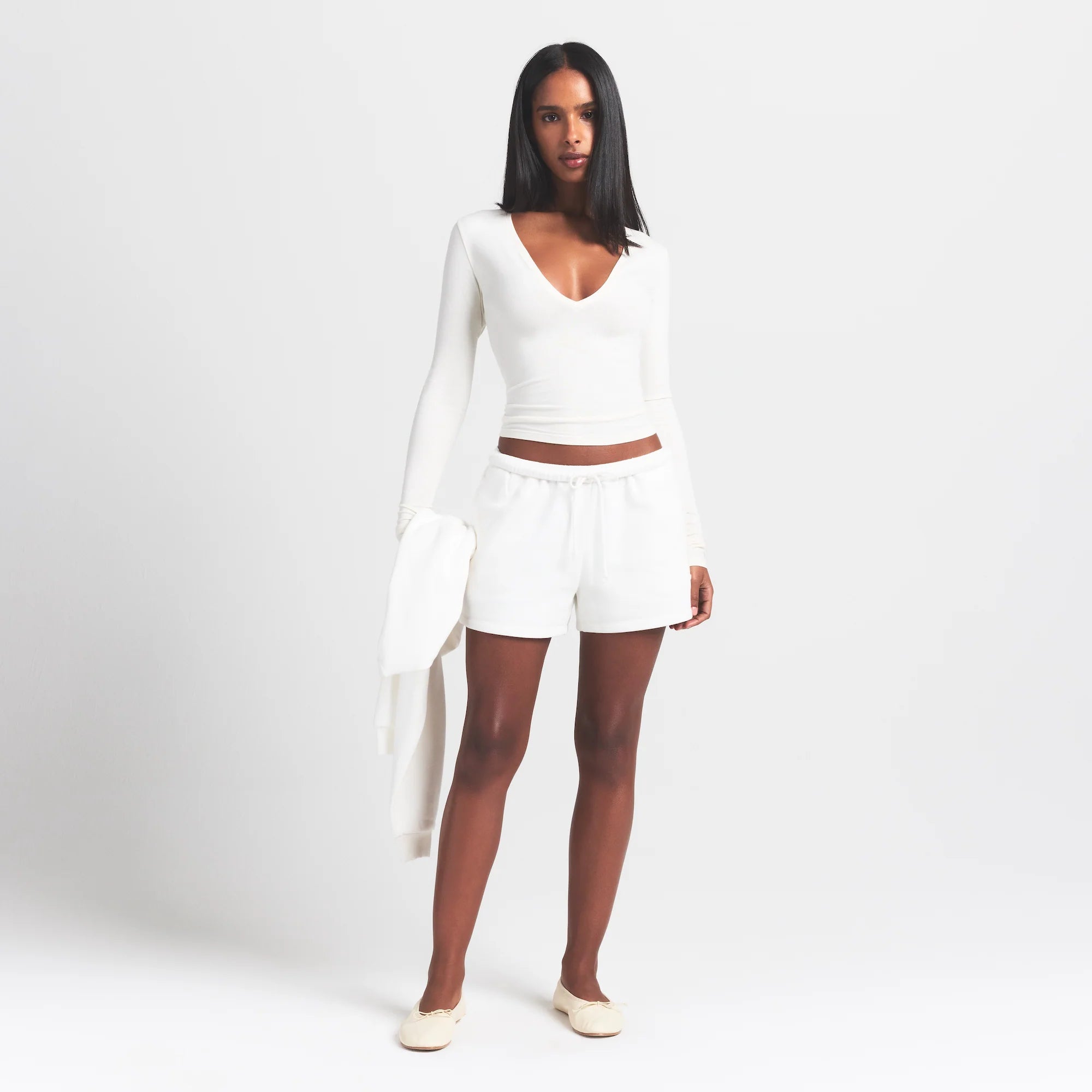 COTTON JERSEY LONG SLEEVE PLUNGE TOP | MARBLE