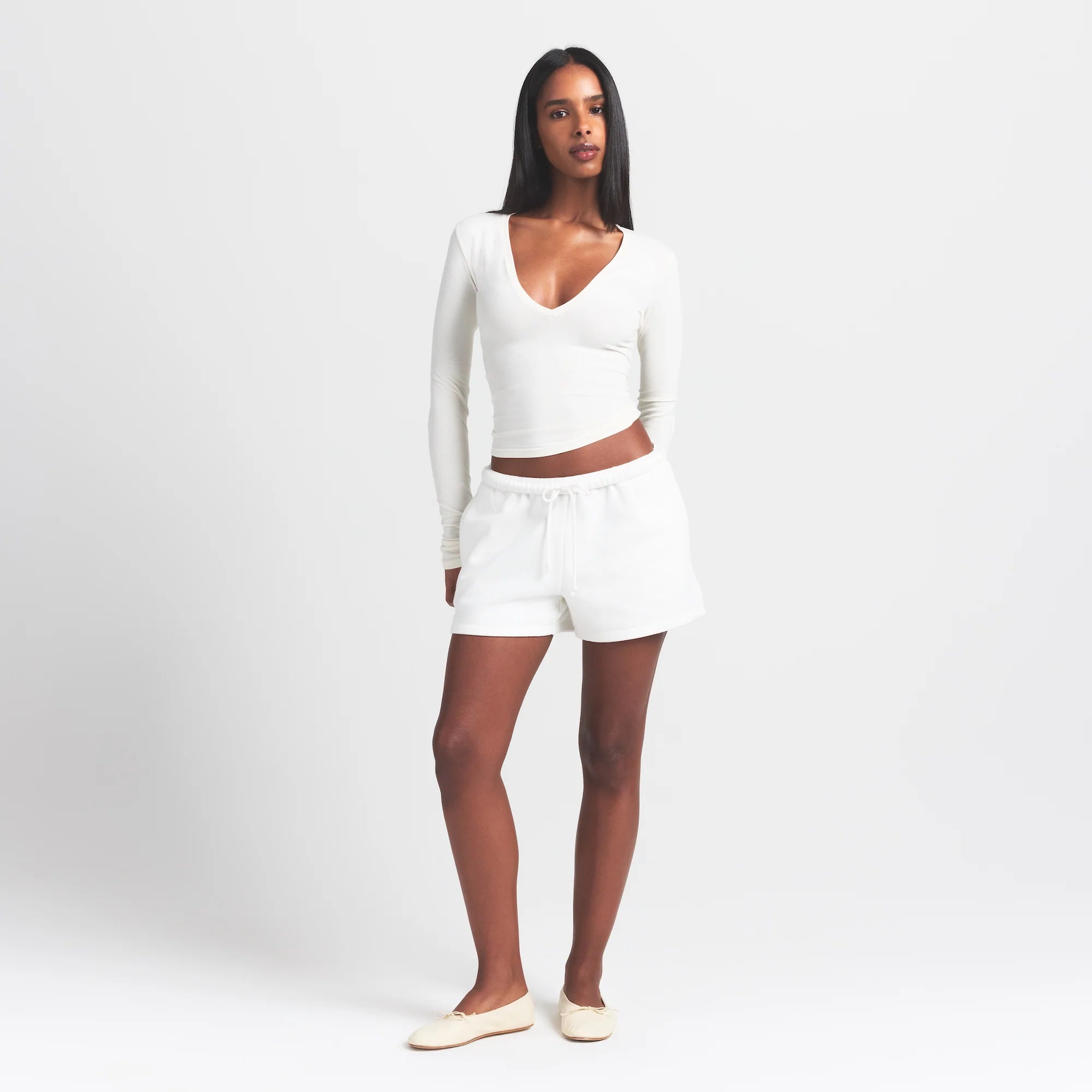 COTTON JERSEY LONG SLEEVE PLUNGE TOP | MARBLE