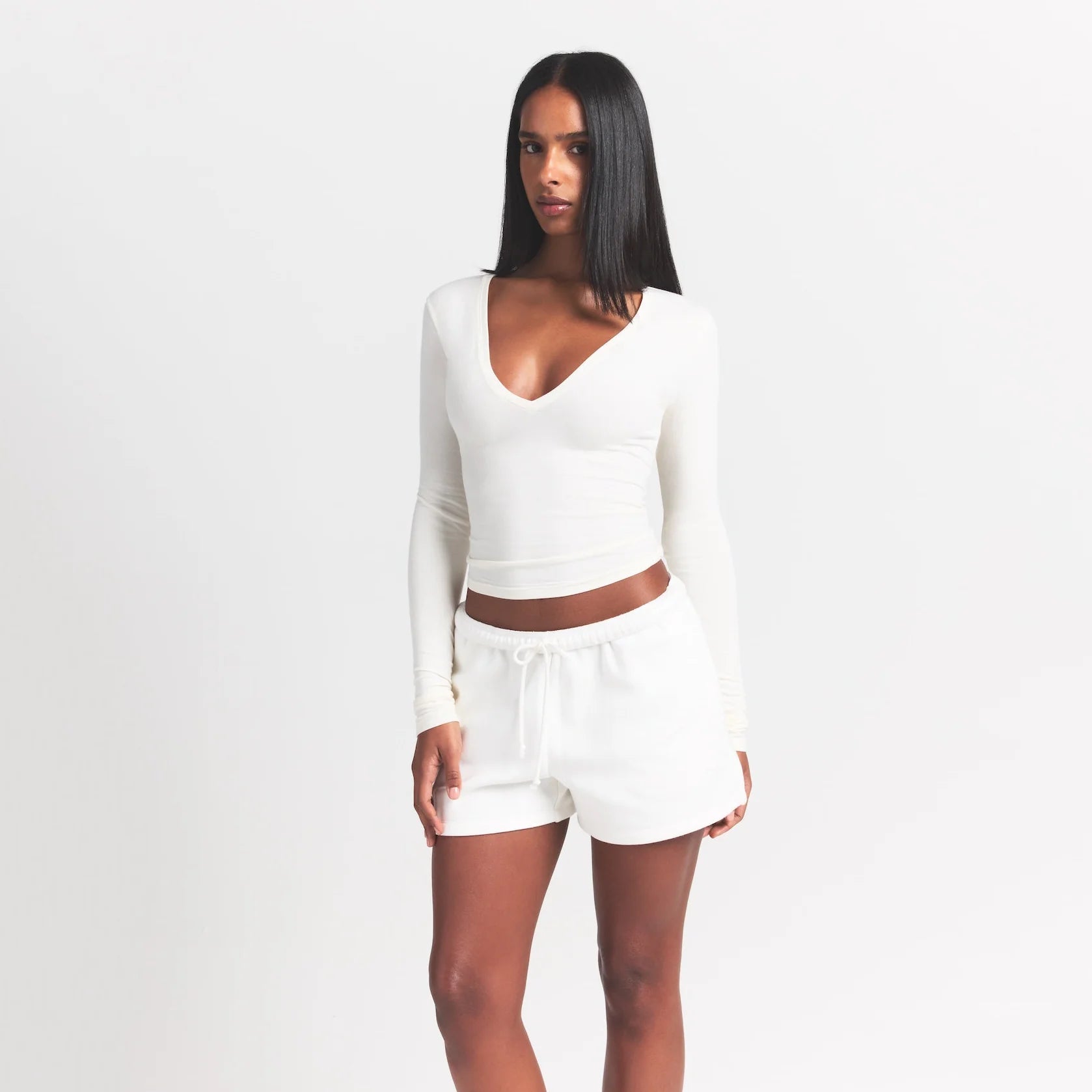COTTON JERSEY LONG SLEEVE PLUNGE TOP | MARBLE