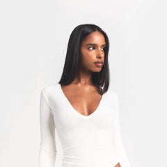 COTTON JERSEY LONG SLEEVE PLUNGE TOP | MARBLE