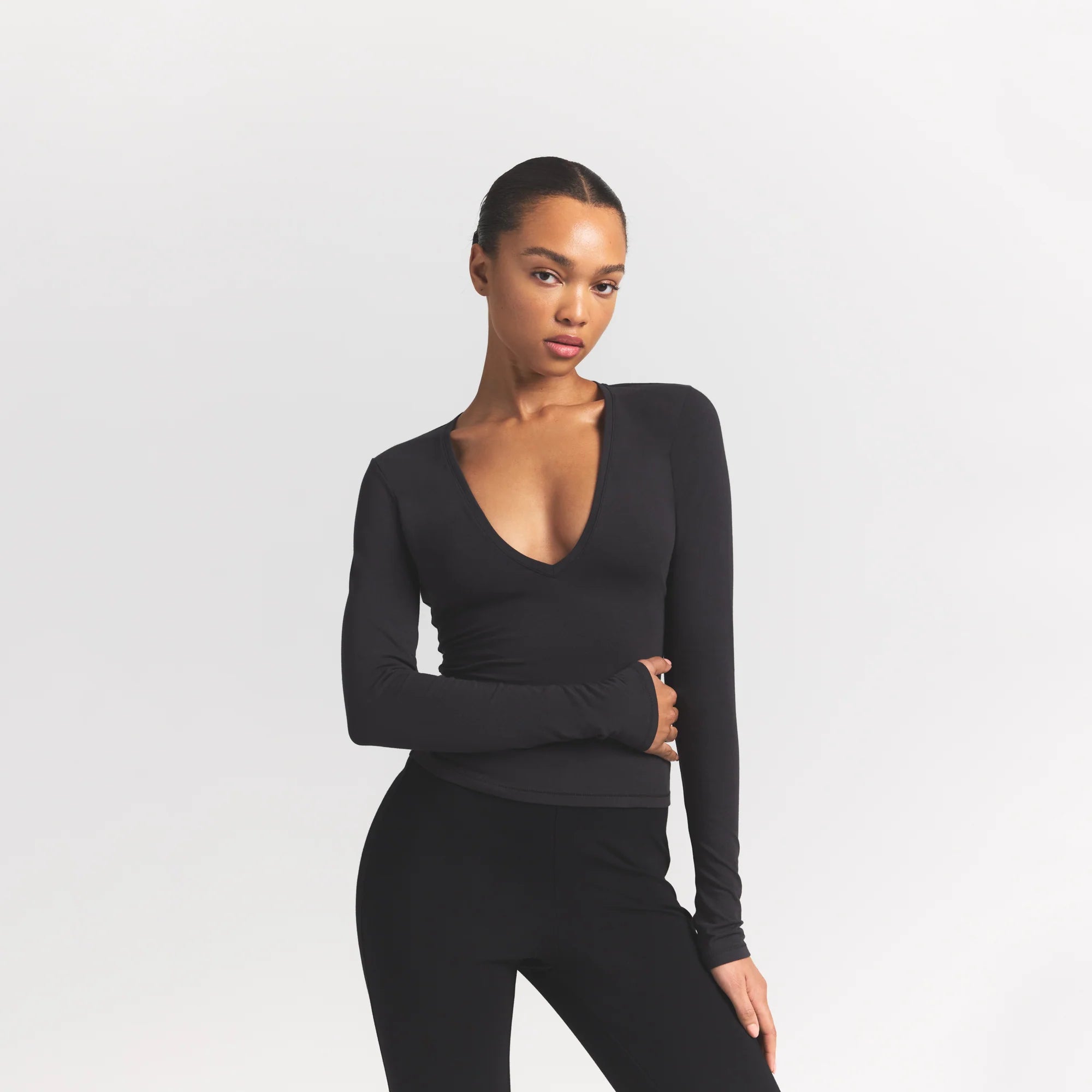 COTTON JERSEY LONG SLEEVE PLUNGE TOP | SOOT