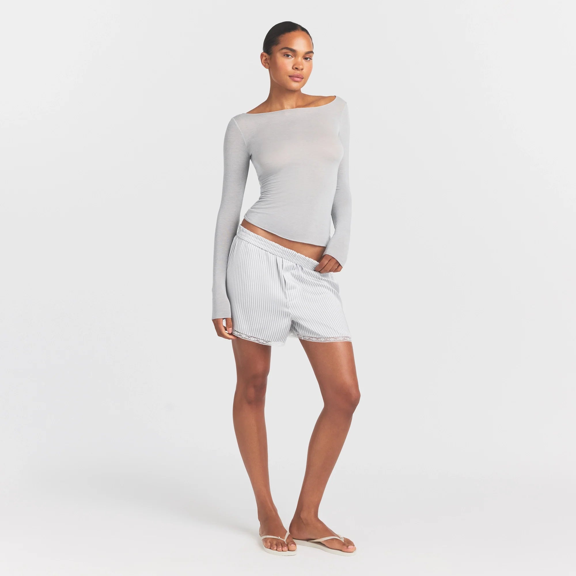 SHEER MODAL LONG SLEEVE BOATNECK TOP | HEATHER GREY