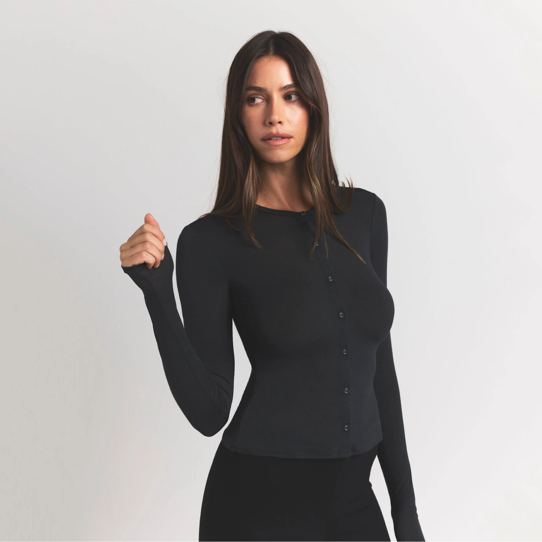 SHEER MODAL CARDIGAN WITH COVERED BUTTONS | ONYX