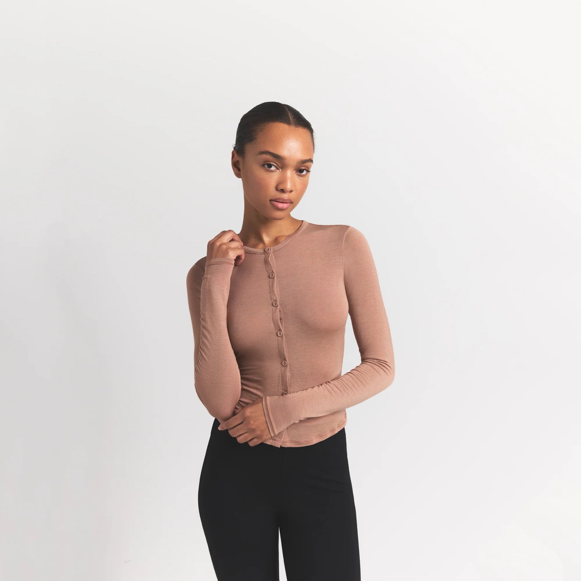 SHEER MODAL CARDIGAN WITH COVERED BUTTONS | SIENNA