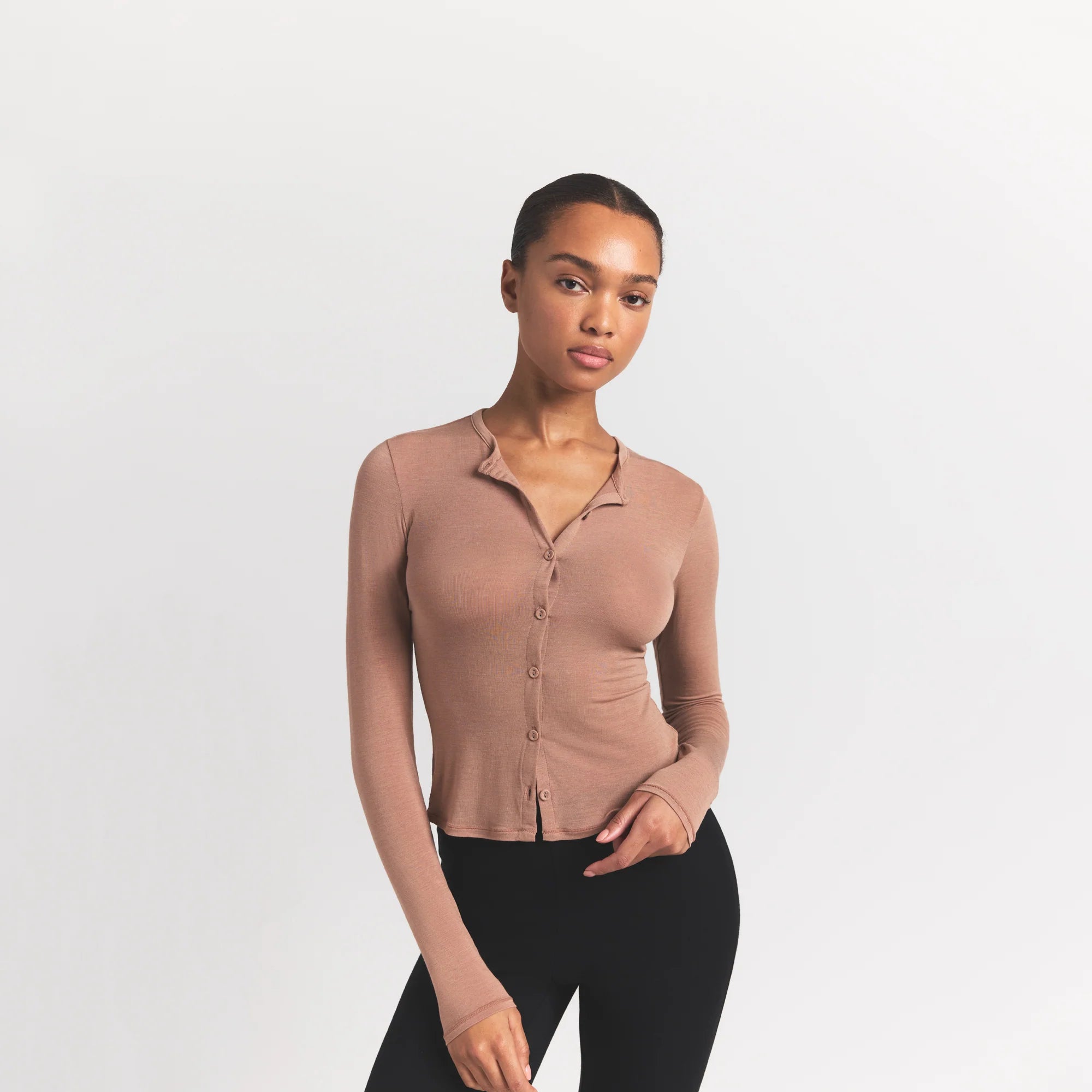 SHEER MODAL CARDIGAN WITH COVERED BUTTONS | SIENNA