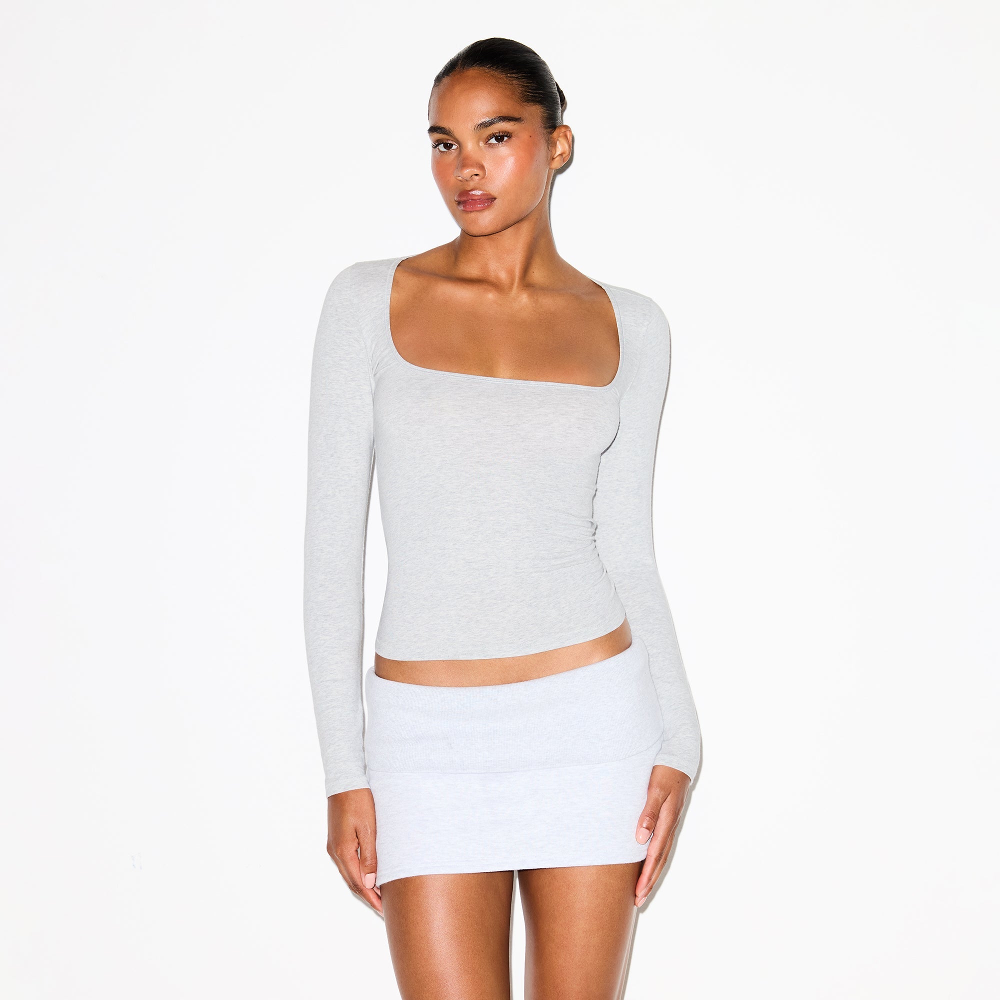 COTTON JERSEY SCOOP NECK LONG SLEEVE TOP | LIGHT HEATHER GREY
